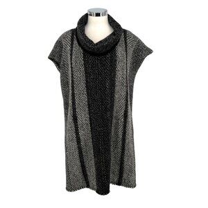 Kuna Striped Baby Alpaca Poncho Sweater With Cowl Neck Black Gray One Size